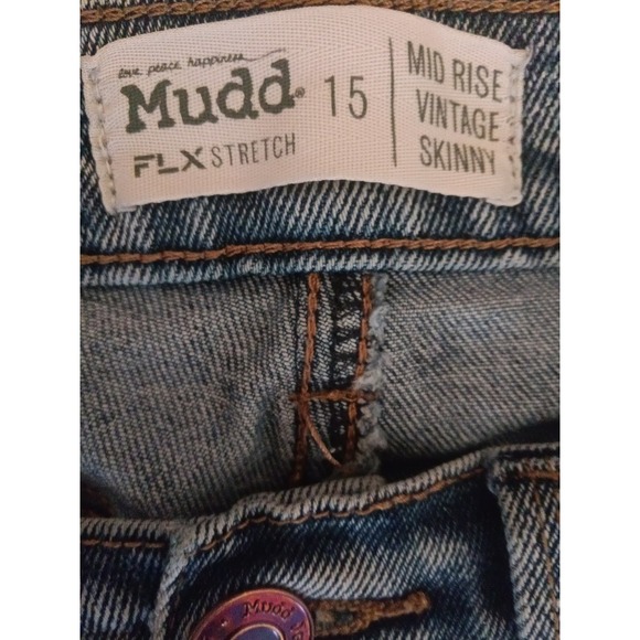 Mudd FLX Stretch Mid Rise Vintage Skinny Jeans Distressed Blue Denim Womens 15 - Picture 2 of 3